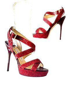 Jimmy Choo Red Glitter Strappy High Heel Sandals Size 36 Made In Italy 5.25'heel